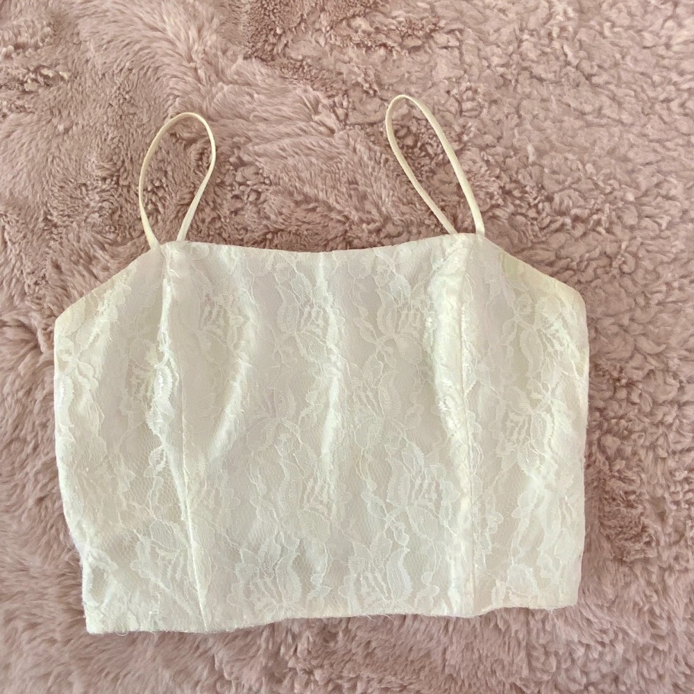 White lace corset-style crop top